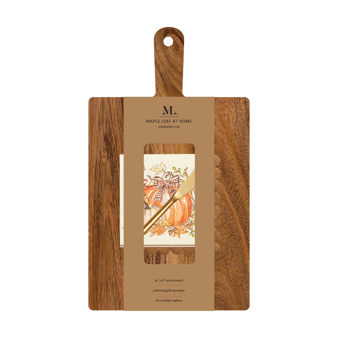 Sophistiplate 14″ x 8″ Board Gift Kit w/ Gold Spreader: Turkey & Gourds featuring an acacia wood charcuterie board, gold-tone spreader, and napkins decorated with pumpkins and autumn leaves.