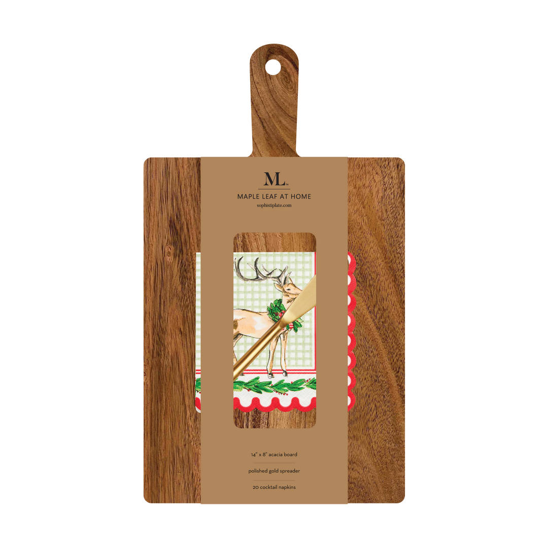 Sophistiplate 14″ x 8″ Board Gift Kit w/ Gold Spreader: Holly Berry, featuring an acacia wood charcuterie board, a gold spreader, and decorative napkins with a deer illustration.