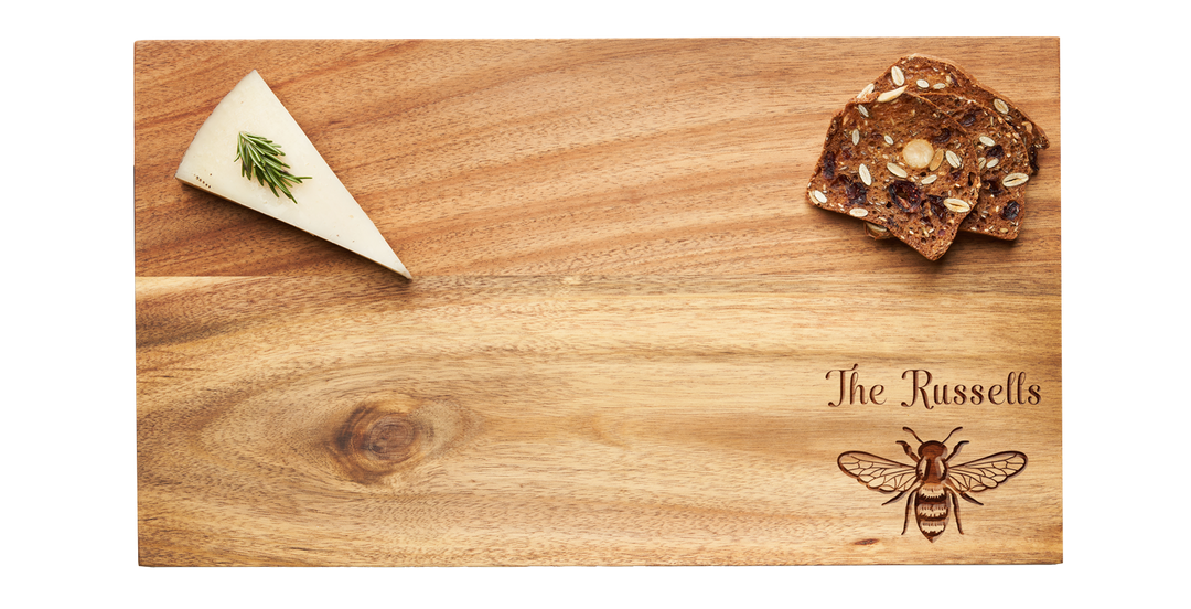 14 x 8" Acacia Modern Rectangle Board | Personalized with Honeybee
