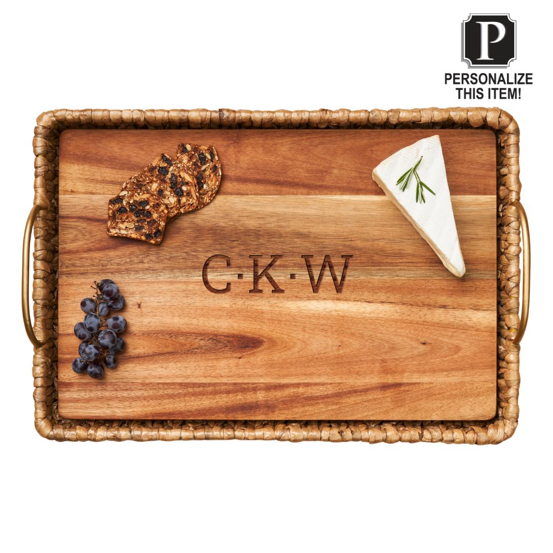Water Hyacinth Rectangle Tray with Metal Handles and Acacia Wood Liner | Personalize | 19.5 x 13.5 x 4.5”