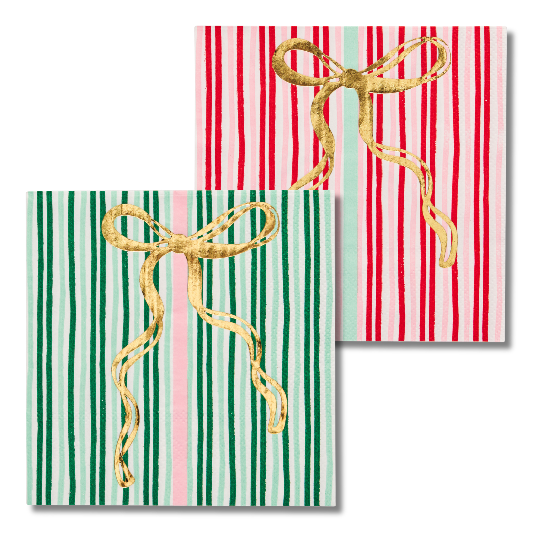 Add a touch of festive flair to your next Christmas party with the Tis the Season Cocktail Napkins from Sophistiplate. This 26-pack includes decorative holiday napkins featuring vertical stripes in green and pink or red and pink, each topped with a shiny gold bow design—perfect for serving cocktails in style.