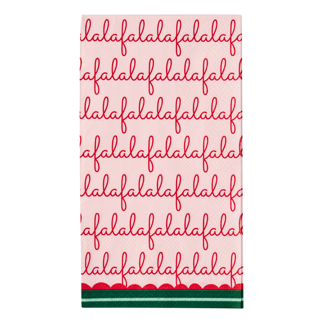 The Sophistiplate Tis the Season Guest Towels (20pk) feature a pink rectangular design adorned with repeating red “falala” script. Green and red lines border the bottom edge, making these napkins a festive addition to your holiday gatherings.