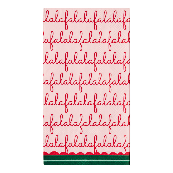 The Sophistiplate Tis the Season Guest Towels (20pk) feature a pink rectangular design adorned with repeating red “falala” script. Green and red lines border the bottom edge, making these napkins a festive addition to your holiday gatherings.