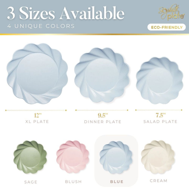 Image features the Sophistiplate Eco-Friendly Table Setting in Sky Blue, with 12" XL, 9.5" dinner, and 7.5" salad plates made from biodegradable materials for sustainable dining.