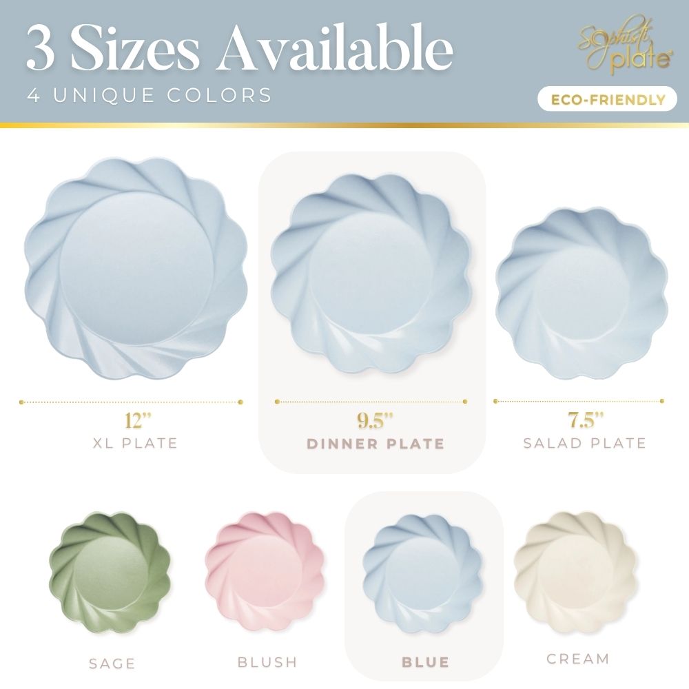 Image displaying Simply Eco Dinner Plate by Sophistiplate in sky blue (8/pkg). Eco-friendly, stylish plates with a swirled design—available in 12", 9.5", and 7.5" sizes and four colors: sage, blush, blue, and cream; perfect for any occasion.