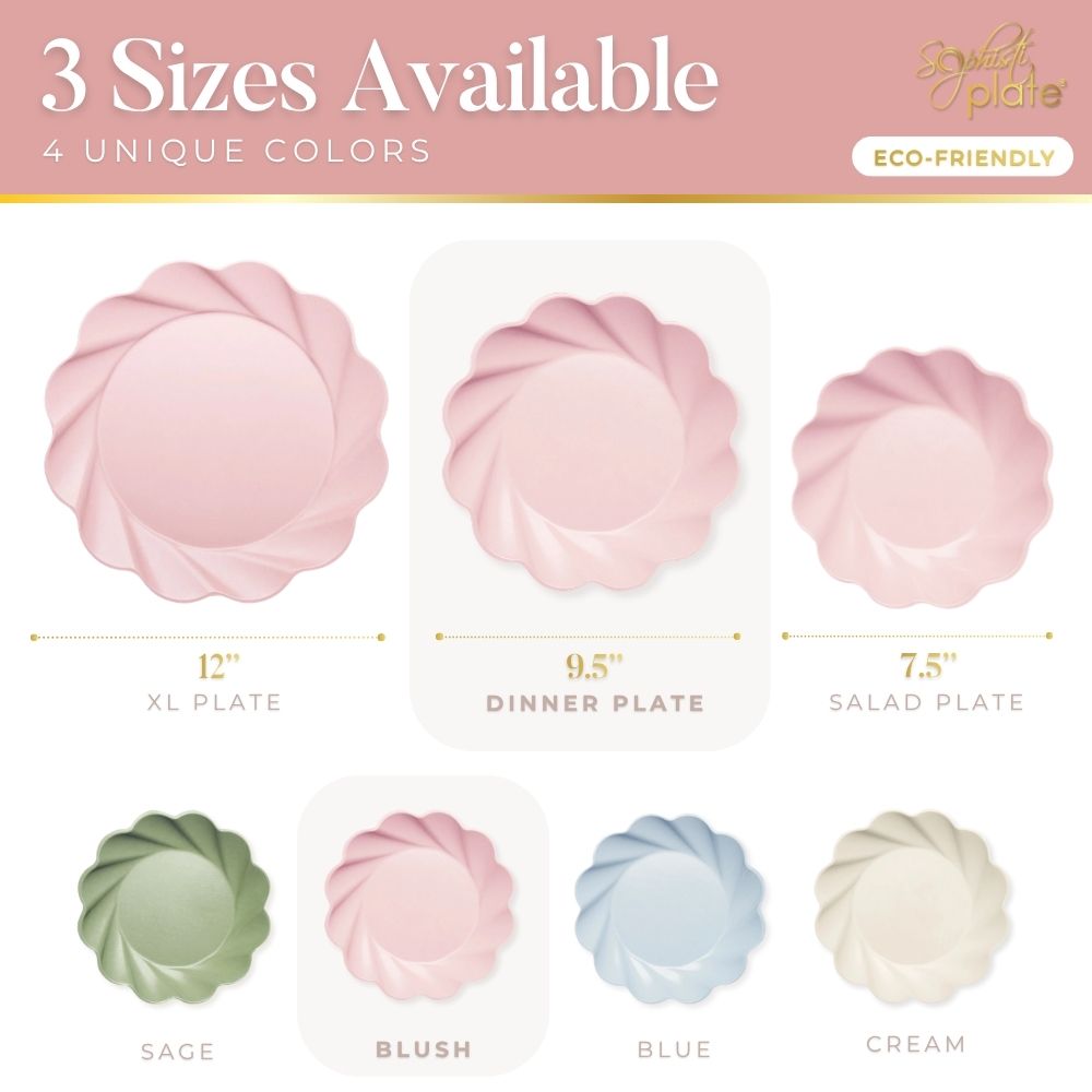 Image showing Simply Eco Dinner Plate in blush pink by Sophistiplate. Set includes 8 eco-friendly bamboo fiber plates, each 9.5" in size, perfect for parties or gatherings. Labeled as sustainable and stylish tableware.