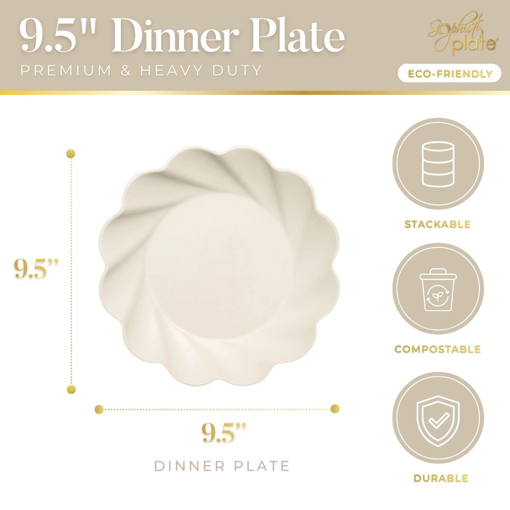 The Sophistiplate Simply Eco Dinner Plate–Cream comes in a set of 8. These premium 9.5-inch round plates feature a wavy edge, are durable, stackable, compostable, and eco-friendly—perfect for any occasion.