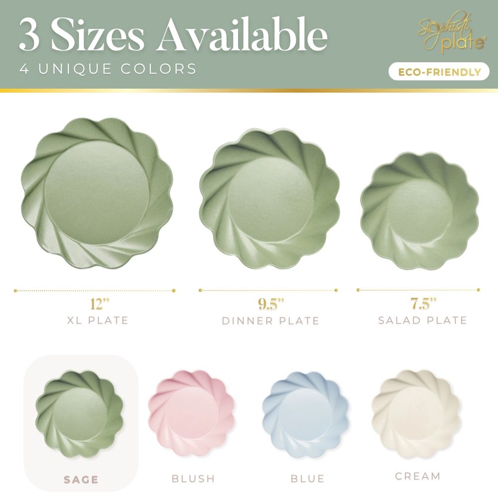 The Eco-friendly Table Setting- Sage by Sophistiplate LLC features four disposable bamboo plates in 12", 9.5", and 7.5" sizes, shown in sage green with images of other available colors: blush pink, blue, and cream. Heavy-duty and eco-friendly design.