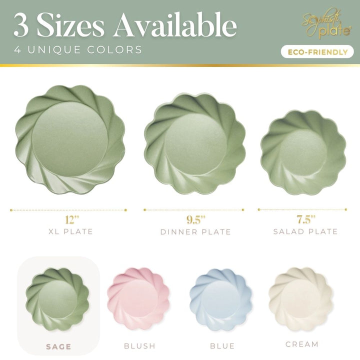 The Eco-friendly Table Setting- Sage by Sophistiplate LLC features four disposable bamboo plates in 12", 9.5", and 7.5" sizes, shown in sage green with images of other available colors: blush pink, blue, and cream. Heavy-duty and eco-friendly design.