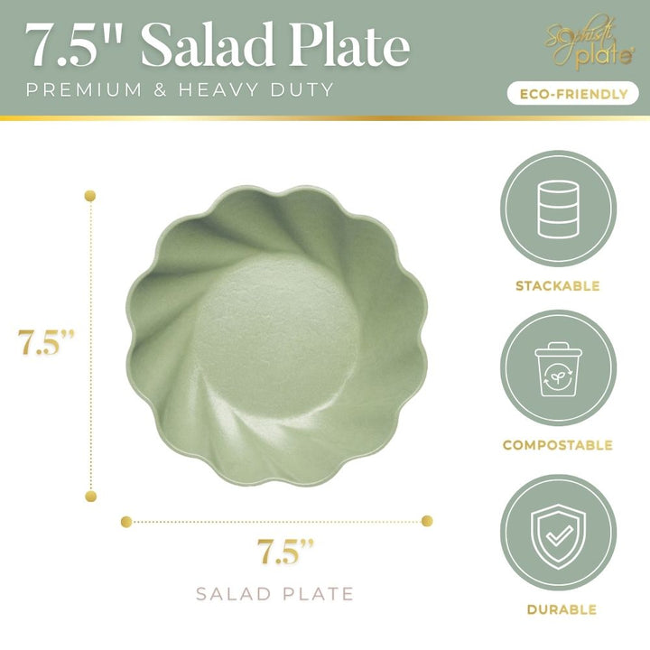 Top view of Simply Eco Salad Plate- Sage/8pk by Sophistiplate, a green 7.5-inch bamboo fiber plate with scalloped edge—stackable, compostable, durable, premium quality, heavy duty, and sustainable—ideal for eco-friendly parties.