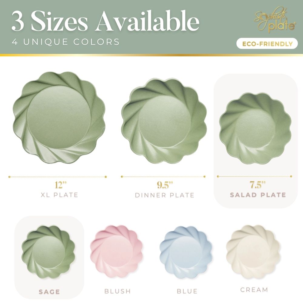 Image displays Sophistiplate Simply Eco Salad Plate—sage color, 8-pack—plus dinner and XL sizes, all compostable with a swirled edge. Available in sage, blush, blue, and cream for eco-friendly parties.