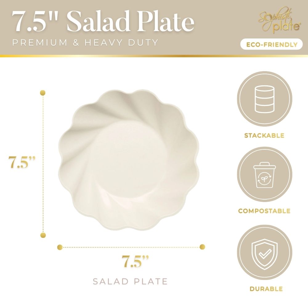 Top view of Sophistiplate's Simply Eco Salad Plate in cream (7.5", 8/pkg)—a white, wavy-edged bamboo fiber plate. Icons/text show it's stackable, compostable, durable, eco-friendly & heavy-duty—ideal for parties. Measurements displayed beside plate.