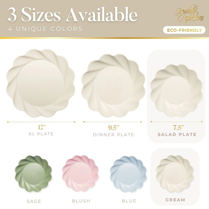 Image of Sophistiplate Simply Eco Salad Plate in cream, 7.5" with wavy edge design, made from bamboo fiber. Sold in packs of 8, these stylish, compostable plates are perfect for any occasion.