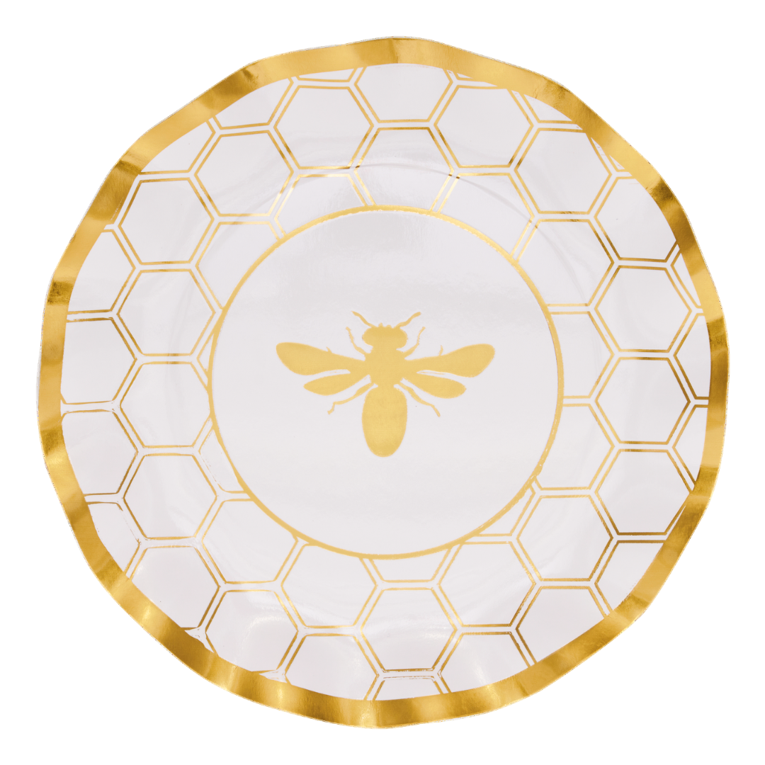 The Sophistiplate Honeybee White Wavy Paper Dinner Plate (8pk) features a wavy-edge design, gold honeycomb border, gold bee centerpiece, and a shiny gold rim.