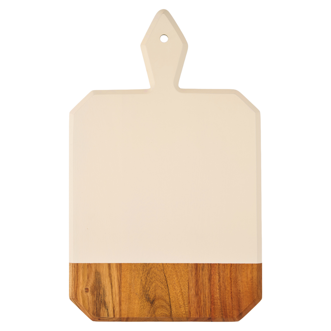 The Maple 16″ x 10″ Beige Acacia Heirloom Board w/ Handle Rectangle features a rectangular acacia wood design with a beige painted top, natural wood lower section, and a convenient handle with a hole for hanging. Ideal for serving cheese or charcuterie at your next gathering.