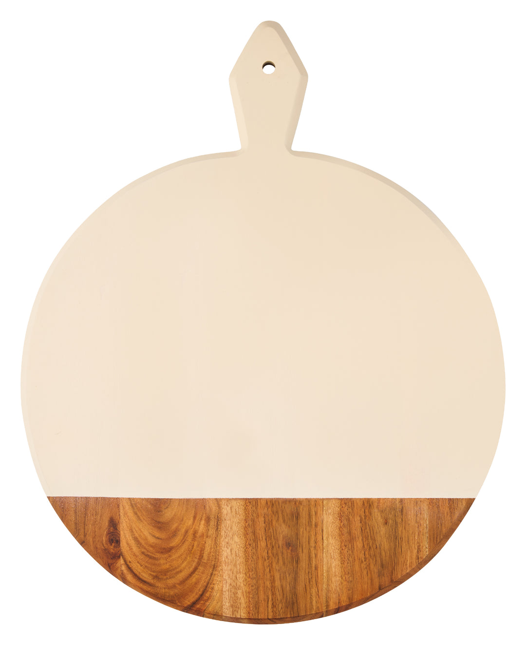 The Maple 20″ x 16″ Beige Acacia Heirloom Board is a round charcuterie board featuring a small handle, with a mostly cream-colored surface accented by an acacia wood section at the bottom.