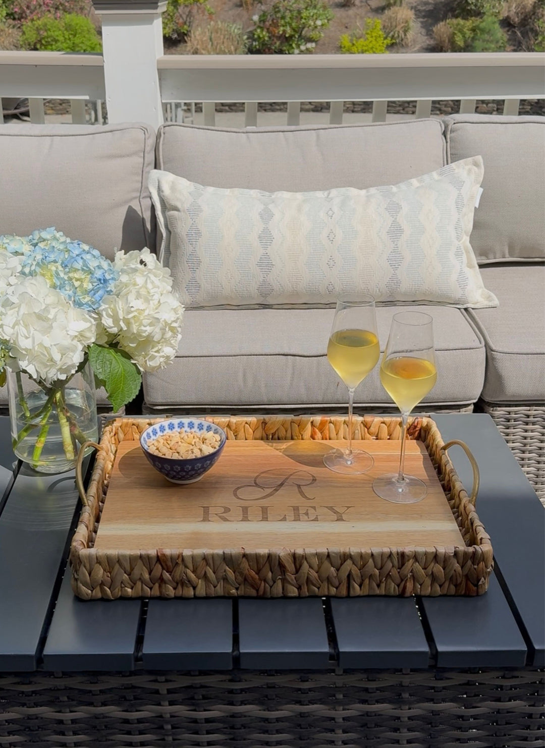 Water Hyacinth Rectangle Tray with Metal Handles and Acacia Wood Liner | Personalize | 19.5 x 13.5 x 4.5”