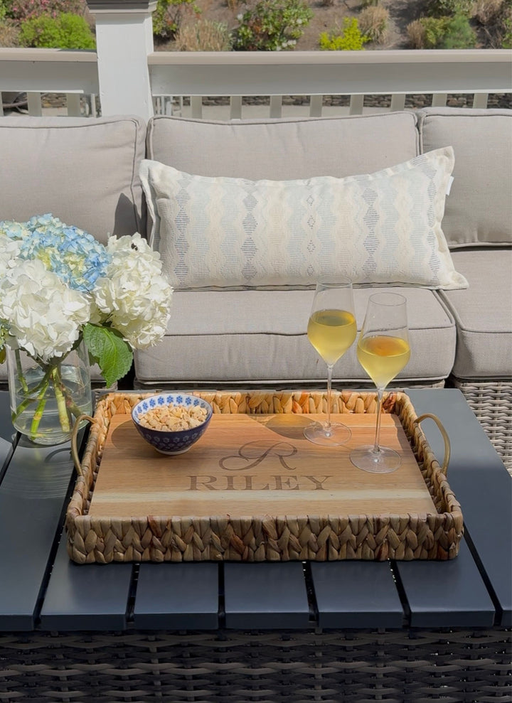 Water Hyacinth Rectangle Tray with Metal Handles and Acacia Wood Liner | Personalize | 19.5 x 13.5 x 4.5”