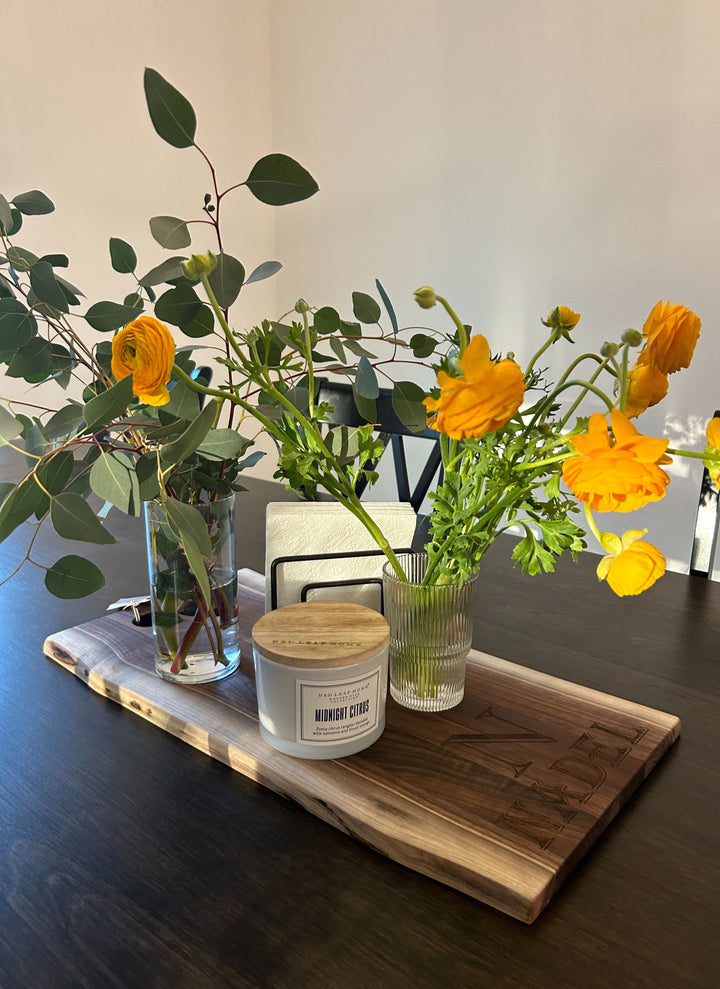 Personalized Live Edge Walnut Single Handle Charcuterie Board - 24" x 12"