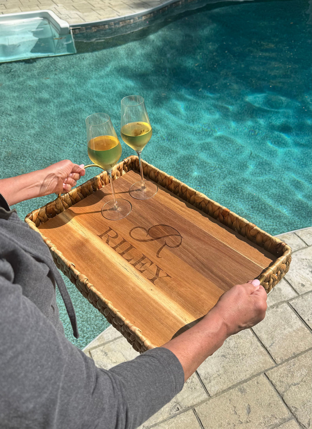 Water Hyacinth Rectangle Tray with Metal Handles and Acacia Wood Liner | Personalize | 19.5 x 13.5 x 4.5”
