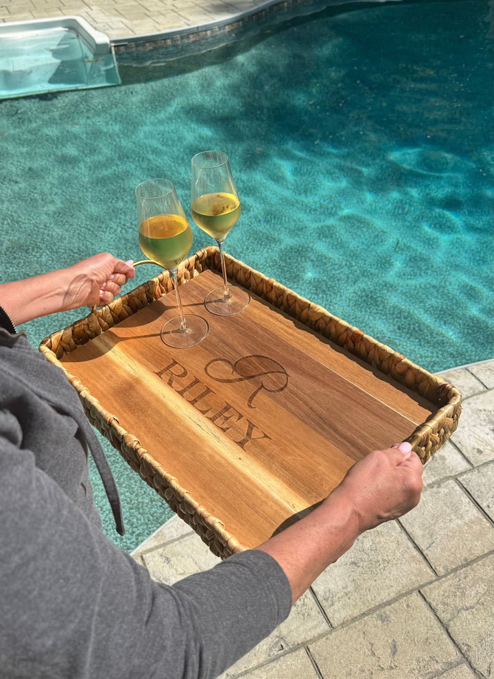 Water Hyacinth Rectangle Tray with Metal Handles and Acacia Wood Liner | Personalize | 19.5 x 13.5 x 4.5”