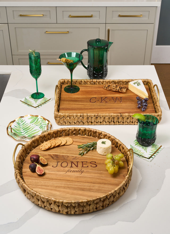 Water Hyacinth Round Tray with Metal Handles and Acacia Wood Liner | Personalize | 17.5 x 17.5 x 4.5”