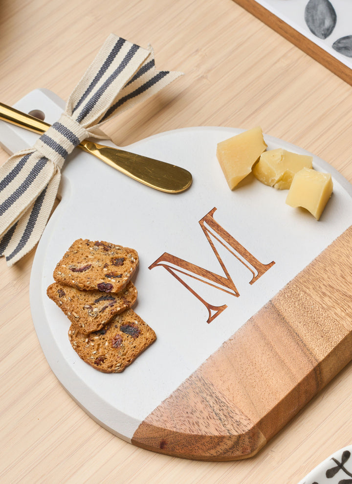 Personalized Acacia Bevel Board w/ Ribbon & Gold Spreader Knife | White | 8" X 9.75" X .6"
