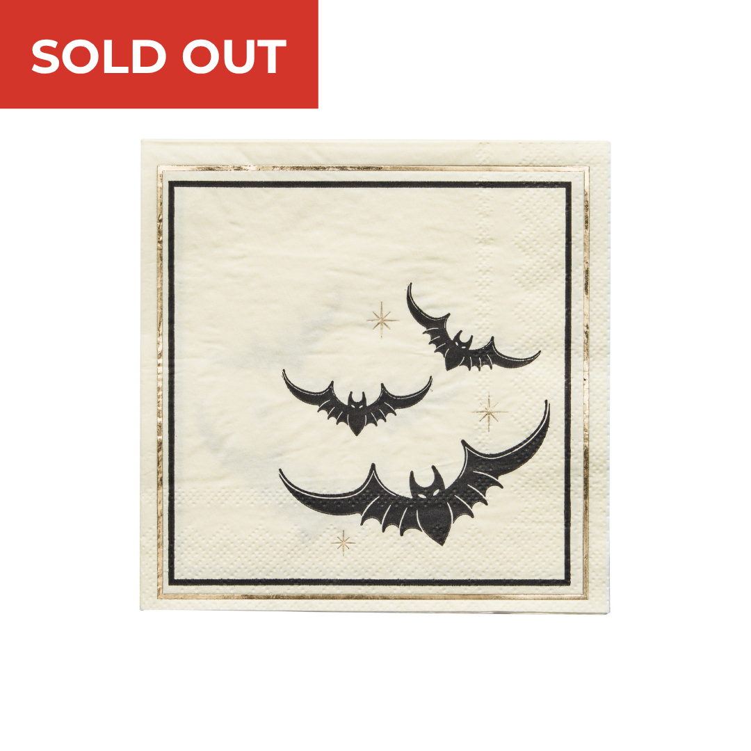 The Sophistiplate Classic Spooky Paper Cocktail Napkin (B/20pk) features a cream background adorned with three black Art Deco bats, gold stars, and is bordered by elegant gold and black lines—perfect as gold foil Halloween cocktail napkins for your spooky soirée. A red “SOLD OUT” banner appears in the top left corner.