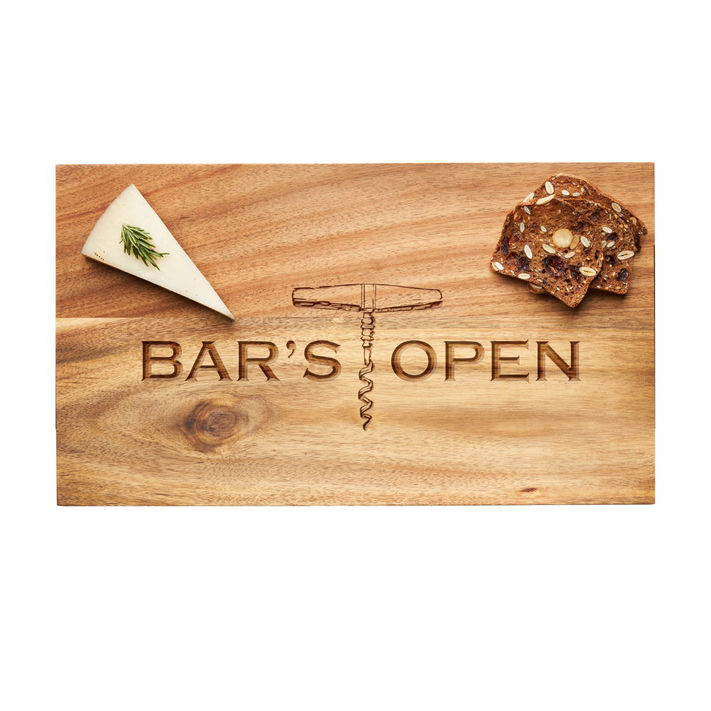 Introducing the Maple Acacia Modern Rectangle Board | Bar’s Open | 14 x 8″—a wooden serving board engraved with “Bar’s Open” and a corkscrew design, beautifully presented with a dill cheese wedge and three pieces of seeded crispbread.