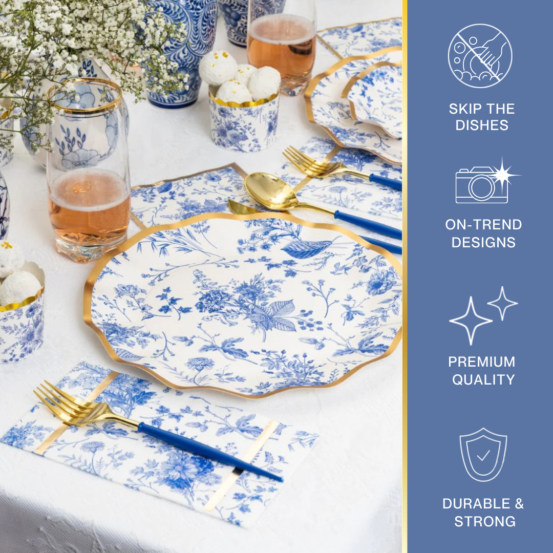 Sophistiplate LLC’s Disposable Plates and Tableware Set (88–192 Pcs) - Timeless features elegant blue and white paper plates with gold accents, beautifully arranged on a white tablecloth alongside pink drinks in glasses and white flowers. Side icons emphasize the ease of skipping dishwashing, trendy designs, premium quality, and lasting durability—making this set perfect for a stylish and convenient gathering.