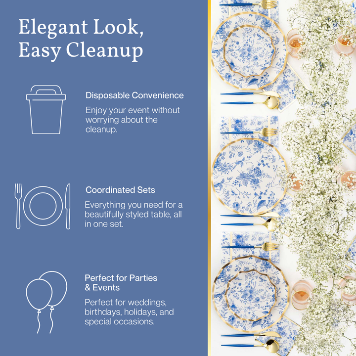 The Sophistiplate LLC Disposable Plates and Tableware Set (88-192 Pcs) - Timeless features elegant blue and white floral designs, providing a coordinated table setting that’s beautifully complemented by gold utensils. Enjoy the convenience of disposable party dinnerware sets, perfect for parties and events. Simple icons—a trash can for easy cleanup, a plate for dining, and balloons for celebrations—accompany each description.