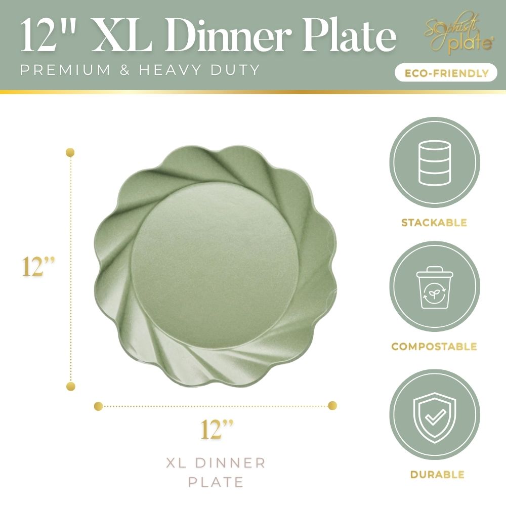 The Simply Eco Extra Large Plate - Sage/8pk by Sophistiplate features 12-inch scalloped edges. Stackable, durable, premium heavy-duty, eco-friendly, and compostable bamboo—ideal for sustainable dining.