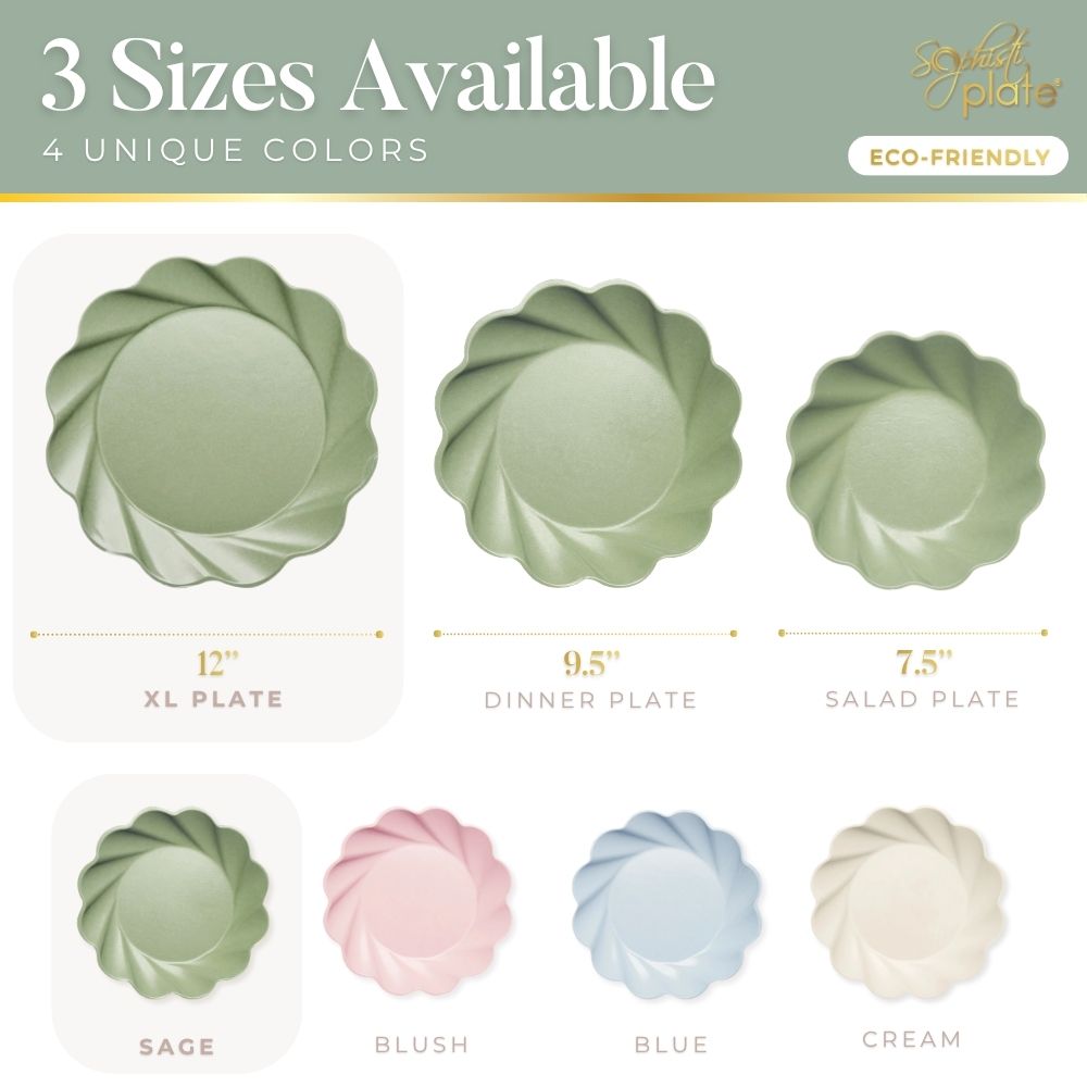 Image of Simply Eco Extra Large Plate by Sophistiplate in sage—set of 8 round, scalloped-edge bamboo plates. Available in four colors: sage, blush, blue, and cream. Eco-friendly and compostable for any occasion.
