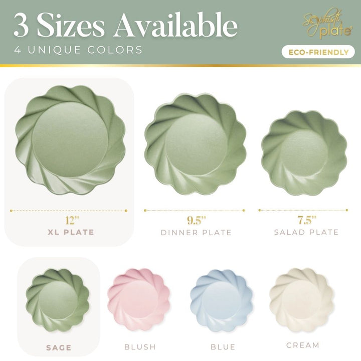 Image of Simply Eco Extra Large Plate by Sophistiplate in sage—set of 8 round, scalloped-edge bamboo plates. Available in four colors: sage, blush, blue, and cream. Eco-friendly and compostable for any occasion.