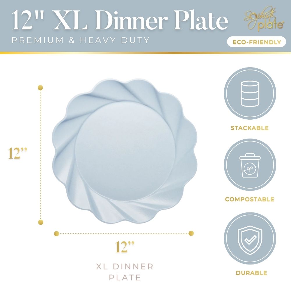 A graphic displays the Sophistiplate Simply Eco Extra Large Plate - Sky Blue/8pk, a 12-inch bamboo plate with a wavy rim, labeled as premium, heavy duty, durable, stackable, compostable, and eco-friendly with feature icons.