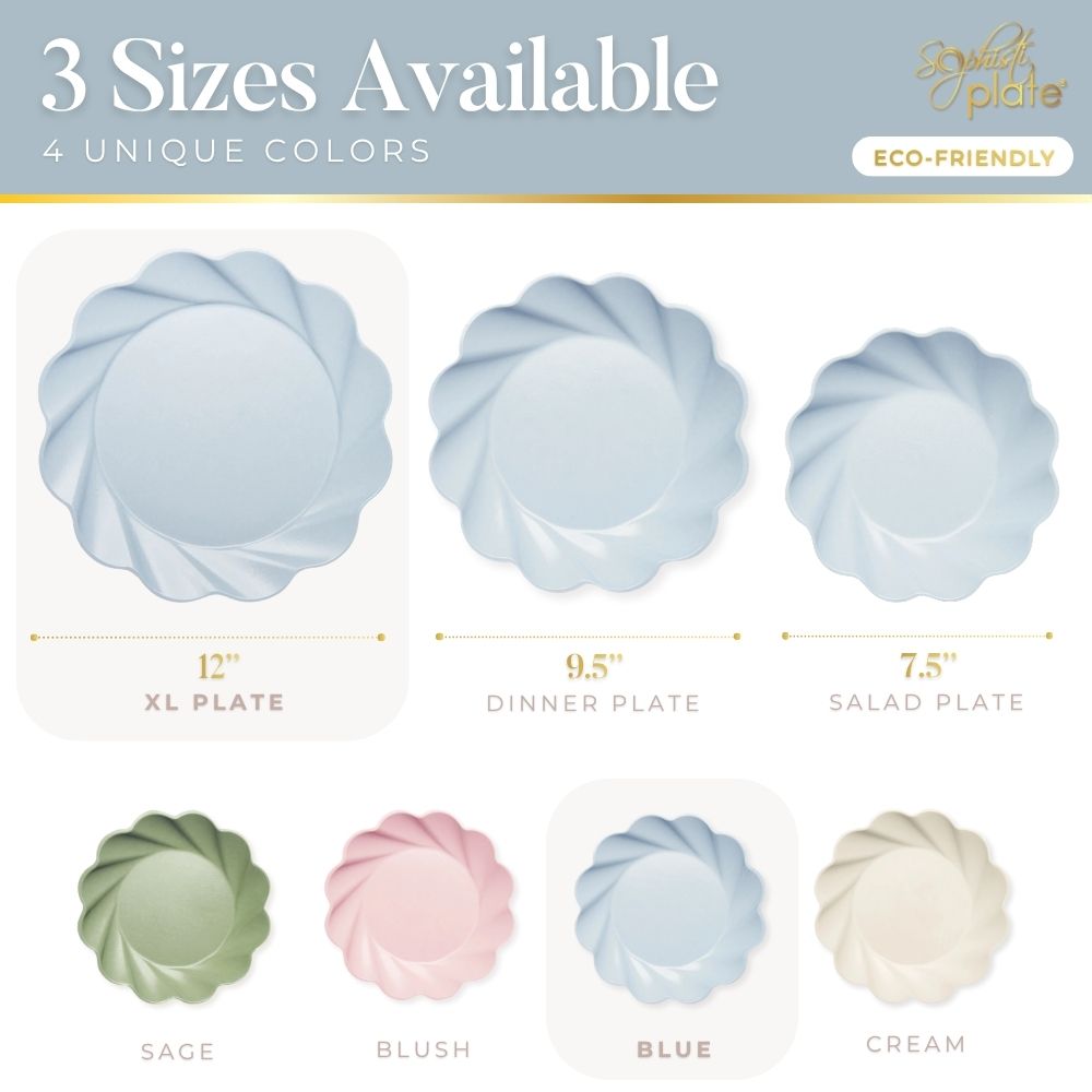 Image shows the Sophistiplate Simply Eco Extra Large Plate in sky blue, sold in packs of 8. These eco-friendly round plates feature a swirl design and are perfect for stylish, sustainable dining.