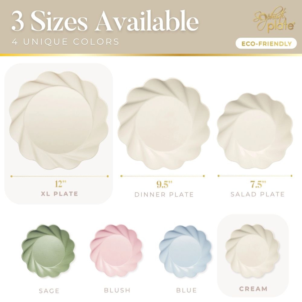 Showcasing Sophistiplate’s Simply Eco Extra Large Plates in cream (8pk): stylish, compostable bamboo fiber plates—perfect for eco-friendly gatherings. Mix with dinner and salad sizes in sage, blush, and blue for a colorful tablescape.