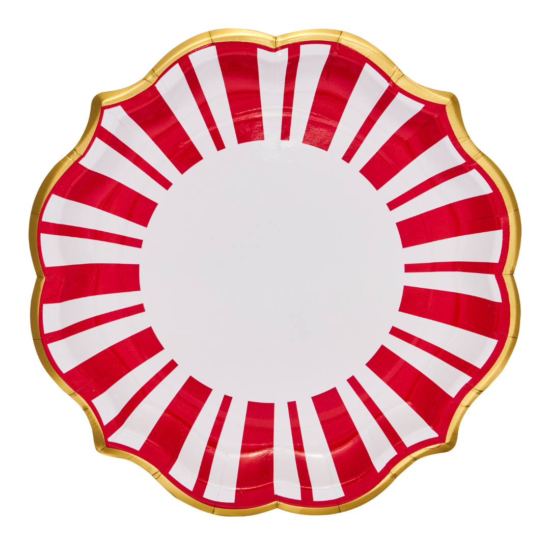 Add a cheerful touch to your Christmas dinner plates collection with Sophistiplate’s Tis the Season Dinner Plates, featuring a festive red and white radial stripe pattern, elegant scalloped edges trimmed in gold, and a crisp white center—perfect for your holiday table setting. Available in an 8-pack.