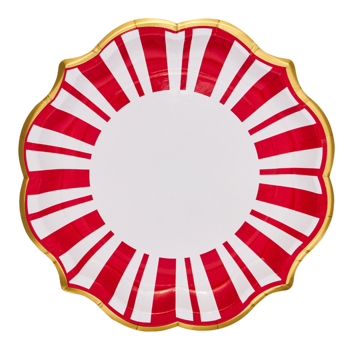 Add a cheerful touch to your Christmas dinner plates collection with Sophistiplate’s Tis the Season Dinner Plates, featuring a festive red and white radial stripe pattern, elegant scalloped edges trimmed in gold, and a crisp white center—perfect for your holiday table setting. Available in an 8-pack.