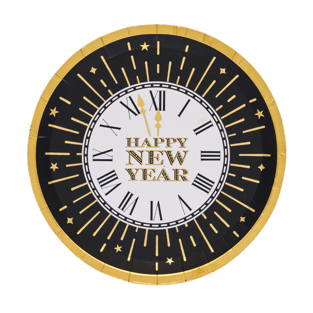 Round Midnight Sparkle Salad Plates/8pk featuring a black and gold clock face design with the text HAPPY NEW YEAR in the center.