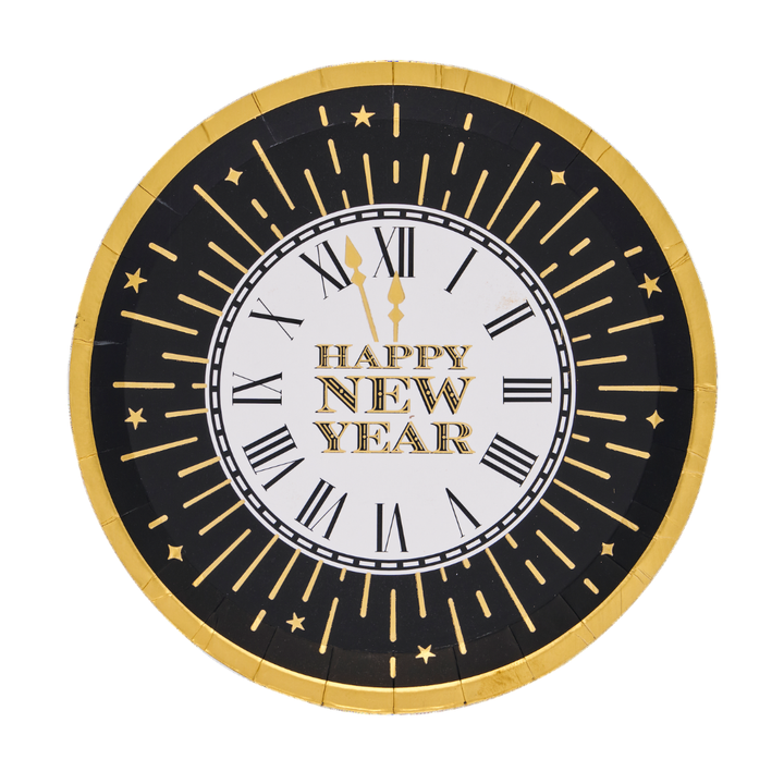 Round Midnight Sparkle Salad Plates/8pk featuring a black and gold clock face design with the text HAPPY NEW YEAR in the center.