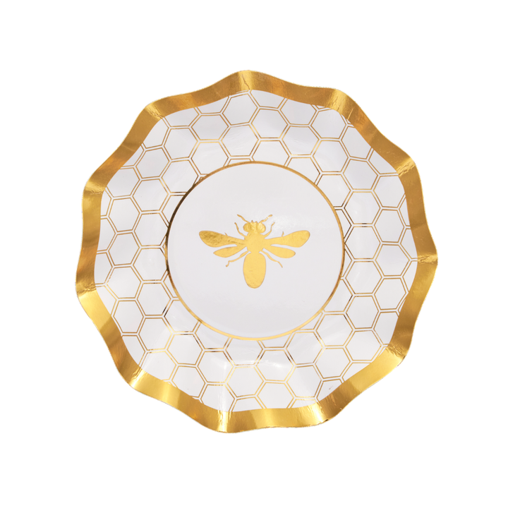 The Sophistiplate Honeybee White Wavy Paper Appetizer/Dessert Bowls (8pk) feature a gold rim, honeycomb pattern, and bee illustration—an elegant choice from the Honeybee Collection for special gatherings.