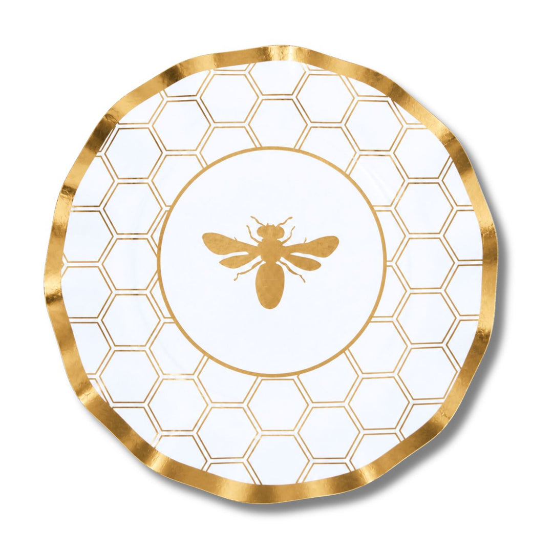 Bring a touch of elegance to any occasion with the Sophistiplate Honeybee White Wavy Paper Dinner Plates (8pk). Featuring a round white design with a gold honeycomb pattern, a gold bee at the center, and an elegantly accented gold rim, these disposable plates are among the most stylish choices for your celebration.