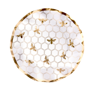The Sophistiplate Honeybee Wavy Paper Salad Plate (8pk) features a round, elegant white design with gold honeycomb and bees, finished with a shiny gold rim—perfect as a disposable party plate.