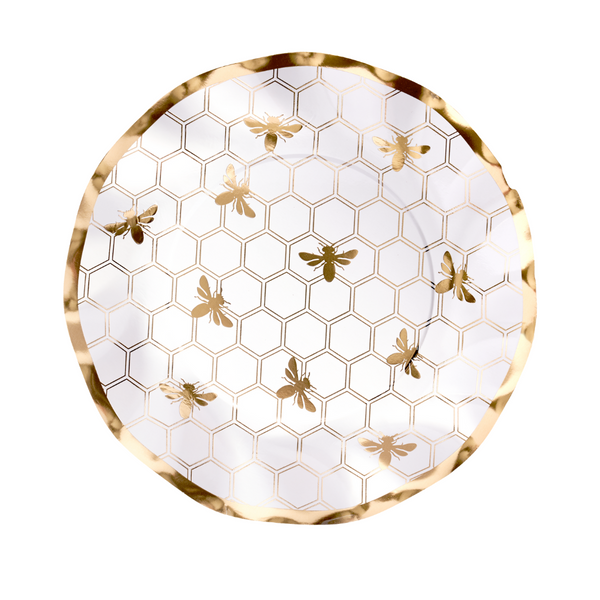 The Sophistiplate Honeybee Wavy Paper Salad Plate (8pk) features a round, elegant white design with gold honeycomb and bees, finished with a shiny gold rim—perfect as a disposable party plate.
