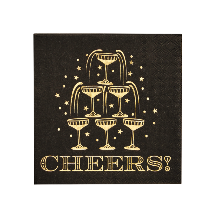Midnight Sparkle Paper Cocktail Napkin Cheers/26pk, featuring a black square cocktail napkin with a gold foil illustration of a champagne tower and the word CHEERS! written underneath.