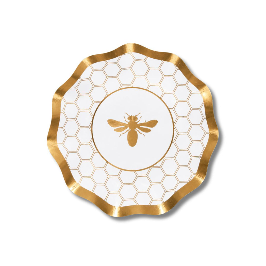 Elevate your celebration with the Sophistiplate Honeybee White Wavy Paper Appetizer/Dessert Bowl, featuring a scalloped gold edge, a shimmering gold honeycomb pattern, and a gold bee at the center—perfect for stylishly serving appetizers or desserts. Sold as an 8-pack.