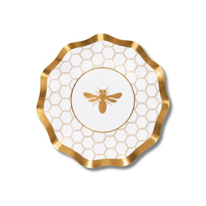 Elevate your celebration with the Sophistiplate Honeybee White Wavy Paper Appetizer/Dessert Bowl, featuring a scalloped gold edge, a shimmering gold honeycomb pattern, and a gold bee at the center—perfect for stylishly serving appetizers or desserts. Sold as an 8-pack.