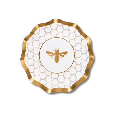 Elevate your celebration with the Sophistiplate Honeybee White Wavy Paper Appetizer/Dessert Bowl, featuring a scalloped gold edge, a shimmering gold honeycomb pattern, and a gold bee at the center—perfect for stylishly serving appetizers or desserts. Sold as an 8-pack.
