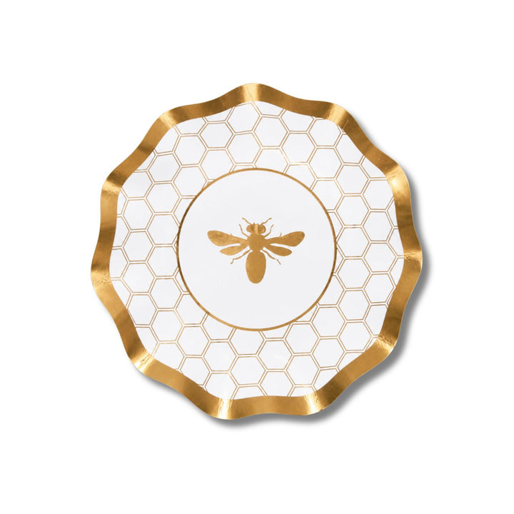 Elevate your celebration with the Sophistiplate Honeybee White Wavy Paper Appetizer/Dessert Bowl, featuring a scalloped gold edge, a shimmering gold honeycomb pattern, and a gold bee at the center—perfect for stylishly serving appetizers or desserts. Sold as an 8-pack.